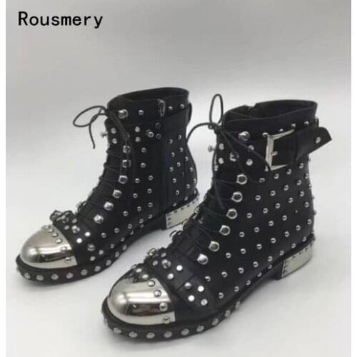2017 Autumn Winter New Women Black Sliver Rivets Round Toe Lace Up Buckle Zip Low Heels Classic Short Ankle Martin Boots Size 42