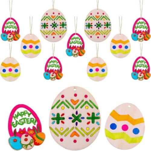 2021 10pcs Easter Day Party Home Decoration Pendant DIY Carved Wooden Egg Pendant Creative Wood Crafts Wholesale Drop Shipping