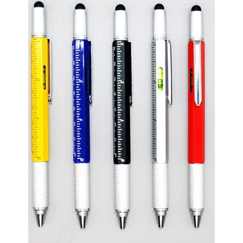 5pcs/lot 6 in 1 Multifunction Metal Aluminium Plastic Tool Ballpoint Pen Screwdriver Ruler Spirit Level with a Top and Scale