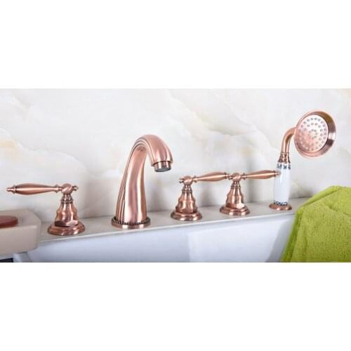 Antique Red Copper Five Hole Deck Mount Bathroom Tub Faucet Set with Handheld Shower Spray Head Mixer Tap Dtf186