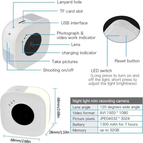 Wireless Mini Recording Camera Three Gears Adjustable Night Light Motion Detection Night Vision Webcam Home Security Monitor