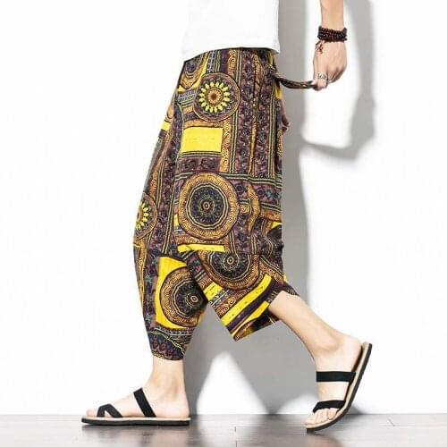 Ethnic Men Harem Pants Print Retro Drop Crotch Joggers Cotton Trousers Men Baggy Loose Nepal Style Men Casual Thailand Pants