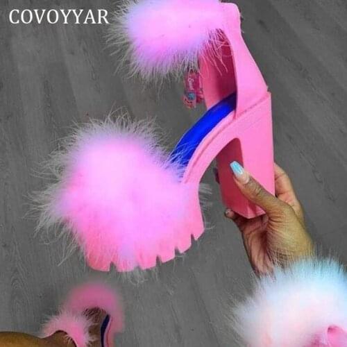 COVOYYAR Sexy Shoes Women Ankle Strap Chunky High Heels Summer Faux Fluffy Fur Women Sandals Party Platform Pumps Lady WHH250