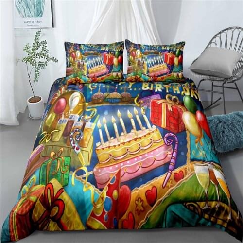 Birthday Cake and Gift Print Home Soft Bedding Set Cartoon Kids Bedroom Bed Cover Single Double Full Queen Quilt Cover for Hotel