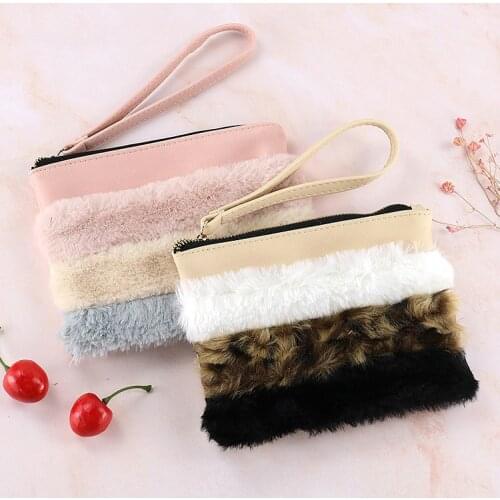 Multi-purpose Plush Leather Cosmetic Makeup Bag Womens Zipper Handbag for Cash Keys Cards Lipsticks Perfume