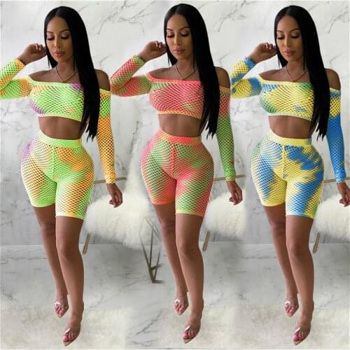 Women 2Pce Bikini Cover Ups 2021 Summer Fishnet Off Shoulder Long Sleeve Crop Tops +Shorts Bodycon Sexy Club Beach Cover-up Sets