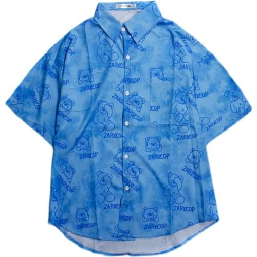 Summer New Short-Sleeved Shirt Womens Retro Loose Casual Shirt Tie-Dye Printing Bear Short-Sleeved Shirt Men And Women Trendy