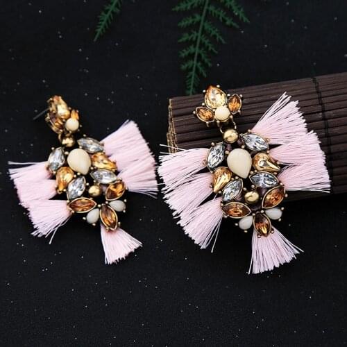 Bulk Price Pink Cotton Tassel Fringe Earrings Ethnic Glass Drop Earrings For Women Indian Jewelry