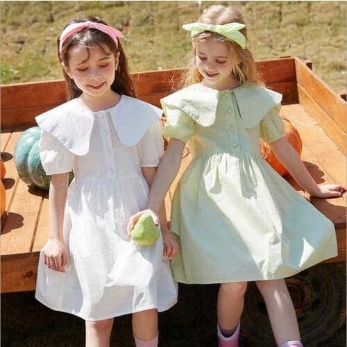 Princess Dress 2021 New Kids Clothes Beige Purple Green Peter pan Colla With Short Sleeves Dress Fashion Elegant Kids Vestidos