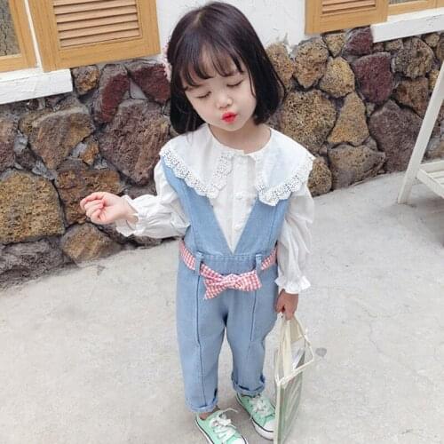 DFXD Princess Korean Style Girl Outfit Children Clothes Set New Lace Collar Blouses+Overalls 2pc Toddler Spring Girl Set 1-7T