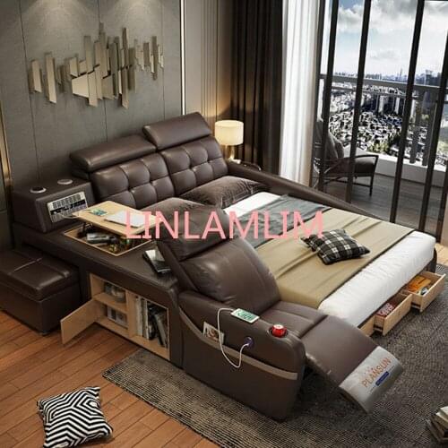 Genuine Leather multifunctional massage bed frame Nordic camas ultimate bed Bluetooth speaker safe air cleaner Iphone USB charge