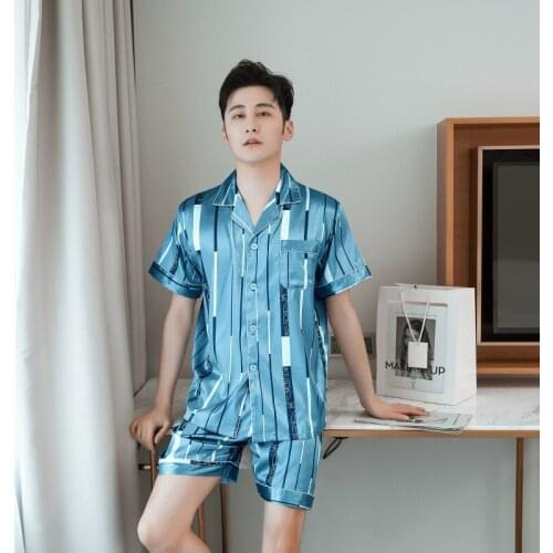 Plus Size Men 2PCS Striped Print Pajama Sets Summer New Faux Silk Homewear L-3XL Short Sleeve Sleepwear Turn-down Collar Pyjamas