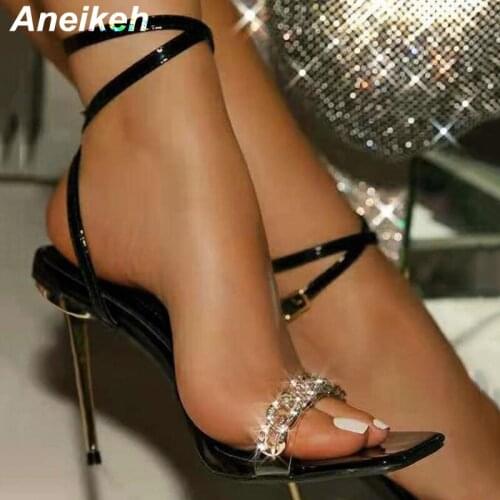 Aneikeh Sexy PVC Chain Crystal Shallow Bling Womens Sandals Summer Fashion Sewing Thin Heels Cross-Tied 2021 NEW Shoes Sweet