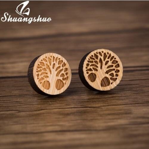Shuangshuo Tree of Life Earrings Women Laser Engrave Wooden Tree Pattern Round Earring moda mujer Jewelry Fashion Pendientes