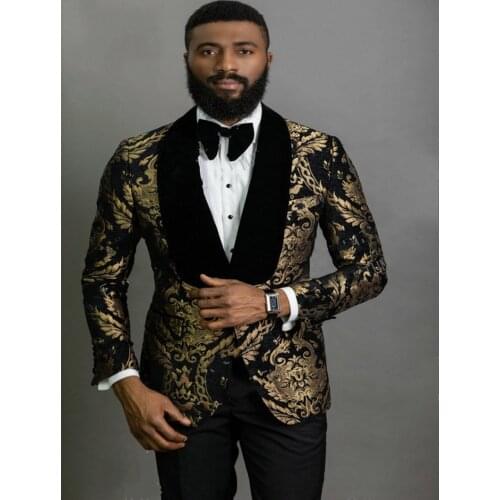 Gold Paisley Groom Tuxedos Mens Coat Trousers Set Black Velvet Collar Man Working Suit (Jacket+Pants+Bow Tie) W:499