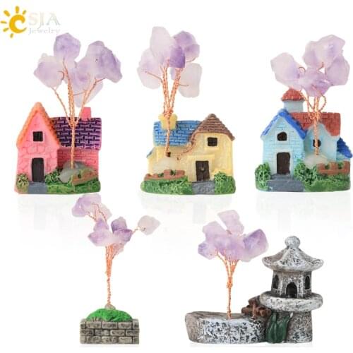 CSJA Fairy Garden Miniature Villa House Ornaments for Home Decor Purple Crystal Tree Life Crafts Micro Landscape Kids Toys G596