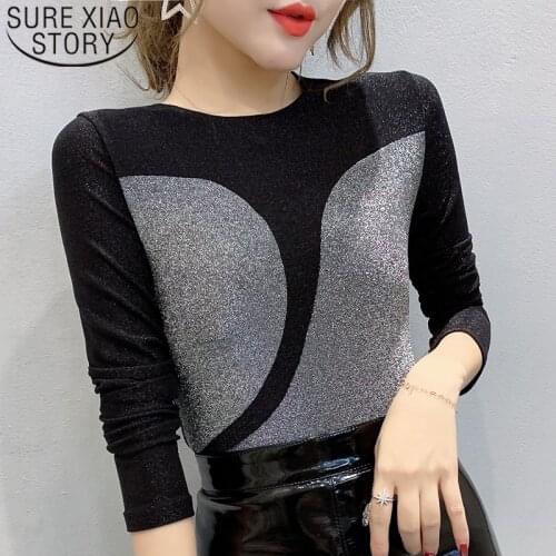 2020 New Long Sleeve Tops Korean Style Spliced Women Shirt Solid O-Neck Slim Shirt Black Clothing Women Shirt Plus Size 7301 50