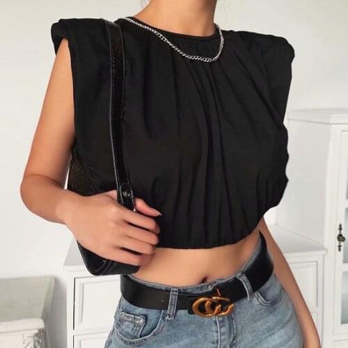 Sleeveless shoulder pad loose temperament T-shirt women 2020 new lady style short high waist bottom top DLSY1585