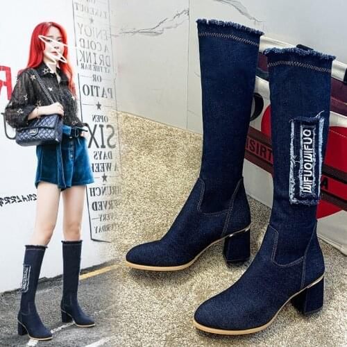 2021 New Spring And Autumn Cowboy Round Toe Mid-heel Square Heel Womens Knee-length Boots