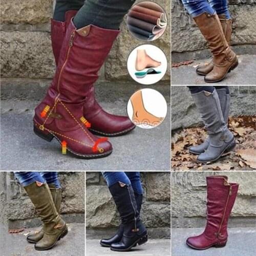 Womens Mid Calf Boots Vintage British PU Leather Shoes Woman Low Heel Zip Sewing Ladies Fashion Retro Long Boots Women