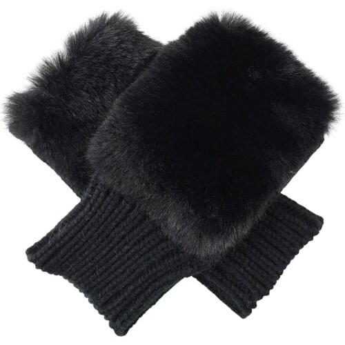Bruceriver Womens Winter Warm Knitted Fingerless unlined Gloves with faux fur