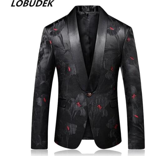 New 4XL Shawl Collar Print Blazers Evening Party Host Stage Costume One Button Jacquard Wedding Blazer Banquet Prom Suit Jacket