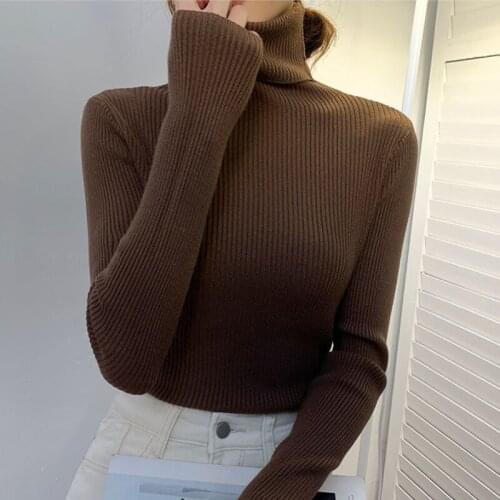 Simple Basic Cheap Jumper Solid Color Top New 2021 Women Pullover Turtleneck Sweater Autumn Long Sleeve Slim Elastic Korean
