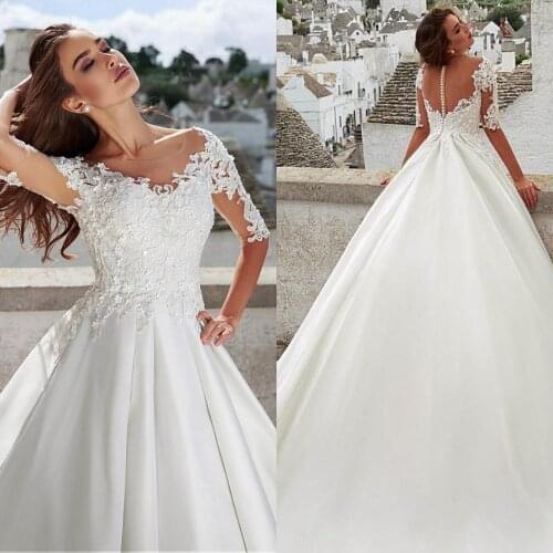 Simple Satin Jewel Ball Gown Wedding Dress With Lace Appliques Long Sleeve BridalGowns High Satin Custom Made Vestido De