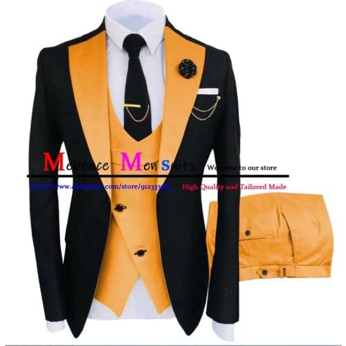 2021 Fashion Orange Men Suits Slim Fit Groom Wear Custom Made Peaked Lapel Prom Tuxedos Groomsman Cloths Set Three Pieces