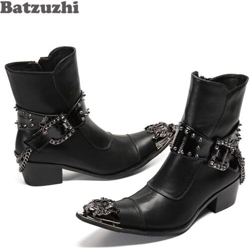 Batzuzhi High Quality Leather Ankle Boots Men Punk 6.5CM High Heel Western Cowboy Boots Handmade Pointed Iron Toe with Chains