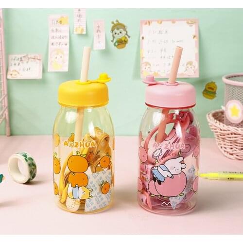 Water bottle cute fun cartoon straw cup color good-looking modern simple transparent glass work home gift girl drinking glass