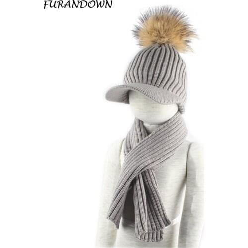 Children Fur Pompom Hat And Scarf Set Warm Knitted Baseball Caps Baby Kids Winter Hats Girls Boys