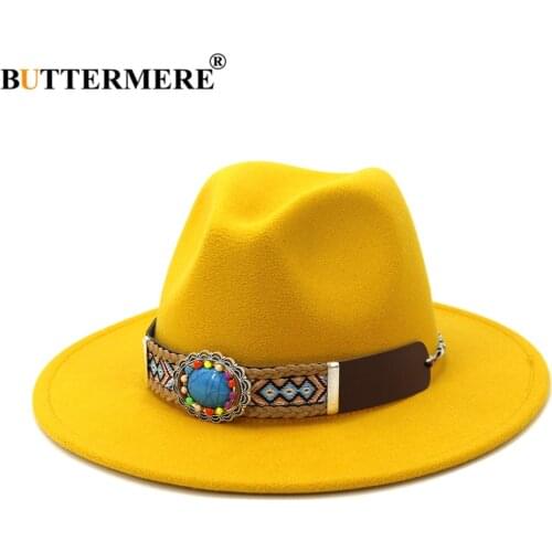 BUTTERMERE Yellow Felt Hat Women Men Wide Brim Wool Jazz Fedora Hats Panama Trilby Cap Autumn Winter Vintage Male Female Hat
