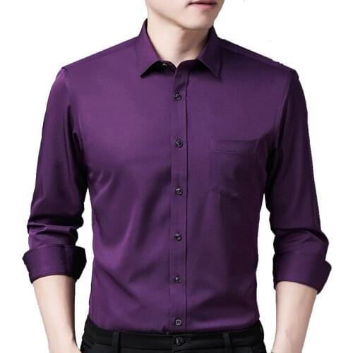 Purple Shirts Men 2021 New Casual Long Sleeve Satin Mens Shirt Slim Business Work Camisas Non Iron Solid Chemise Homme 26+Colors