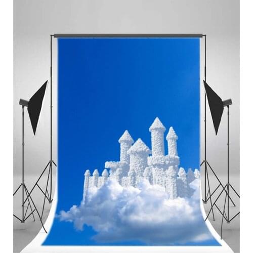 Photography Backdrop White Castle Fairytale Cartoon Blue Sky Cloud Enchanted Heaven Happy Birthday