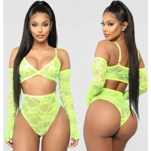 Hot Exotic Womens Sexy Lace Lingerie 3Pcs Sets Sleepwear Transparent Panty G-String Thong Gloves Underwear Nightwear