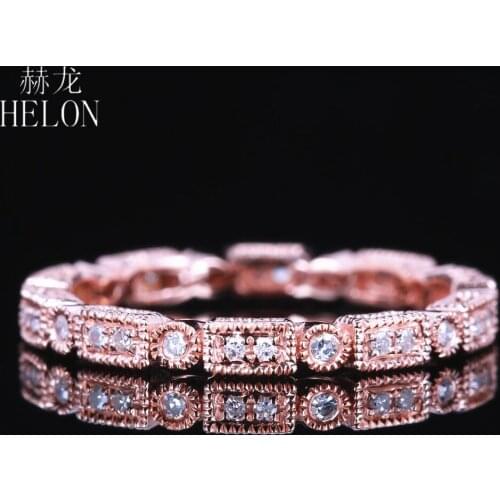 HELON Real 10K Rose Gold Natural Diamond Millgrain Anniversary Full Eternity Band Ring Engagement Wedding Vintage Unique Jewelry