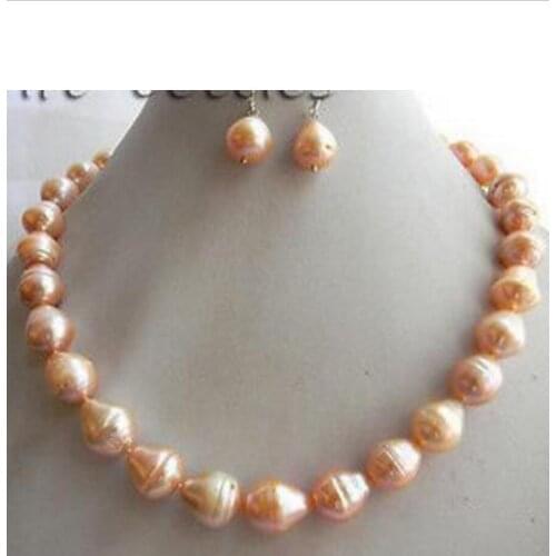 18'' 12MMX15MM Pink Teardrop Freshwater Pearl Earring Necklace Set