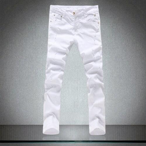 2018 Spring Mens tight Pure White jeans male , mens skinny trousers , High quality Cotton elastic hole slim Leisure pants men