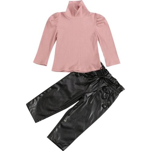 Citgeett Autumn Kids Toddler Baby Girls Casual Outfits Ribbed Long Sleeve High Collar Pullover + Leather Pants Pockets Set