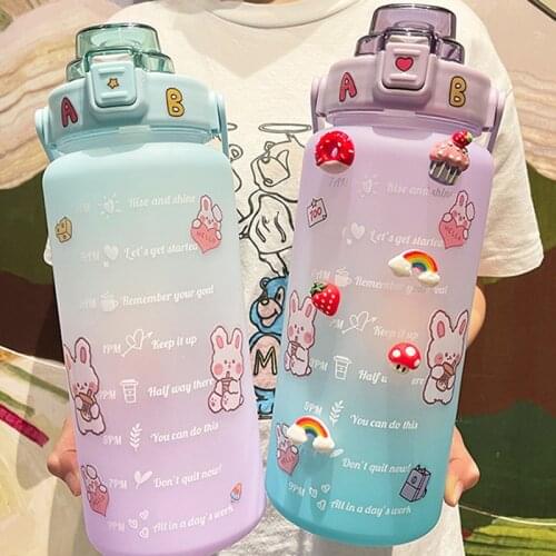 Ins 2000ml Large Capacity Gradient Plastic Water Bottle With Straw Kawaii Jumbo Bottle Outdoor Tour Climbing Sport Water Bottles