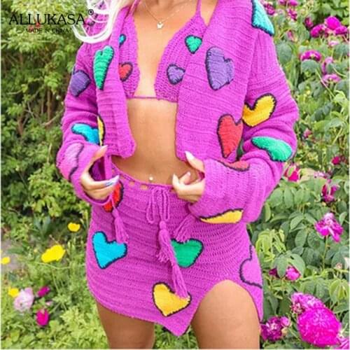 Y2K sexy knitted dress 2-piece set ladies 2021 summer floral crochet sleeveless top + knitted mini skirt set beach party wear