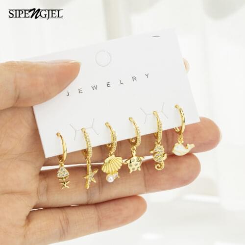 SIPENGJEL Fashion Pearl Shell Fish Ocean series Drop Earrings Set For Women Korean Small Hoop Earrings Jewelry 2021