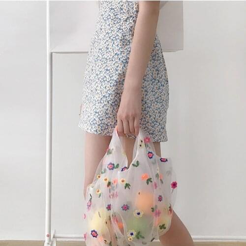 Organza Yarn Women Small Transparent Tote Mesh Cloth Bag Flowers Embroidery Handbag High Quality Eco Fruit Bag Purse For Girls