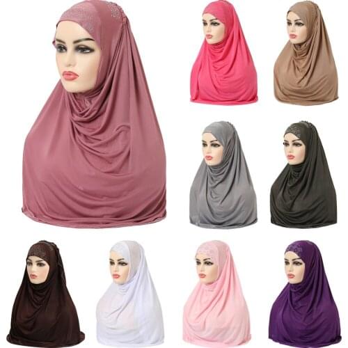 High Quality Medium Size 70*60cm Muslim Amira Hijab with Rhinestones Pull On Women Islamic Scarf Head Wrap Plain Headscarf Hijab