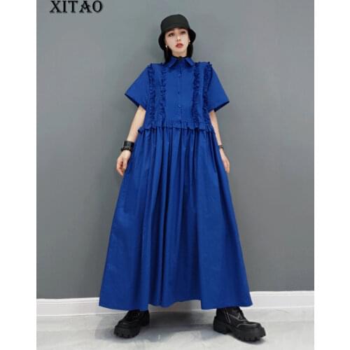 XITAO Edible Tree Fungus Folds Dress Turn-down Collar Summer New Fashion Korean Version Ankle-length Solid Color Dress WMD0754