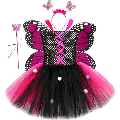 Hot Pink Monarch Butterfly Halloween Costumes for Kids Girls Fairy Tutu Dress Outfit Princess Fancy Dresses with Wings Set 1-12Y