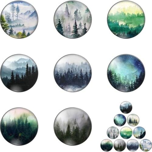Green Forest Tree Art Painting 10mm/12mm/14mm/16mm/18mm/20mm/25mm Round Photo Glass Cabochon Demo Flat Back Making Findings