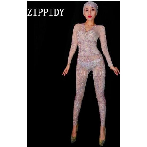 Silver Full Rhinestones Mesh Jumpsuit Women Celebrate Perspective Bodysuit Sexy Belt Costume Performance Evening Sexy Wear