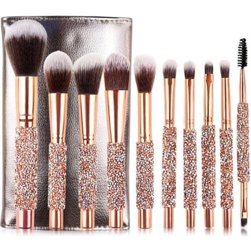10set/lot 10pcs Rose Gold Diamond Handle Cosmetic Brush Suit Moire Synthetic Fiber Makeup Appliances Cosmetic Tools HA1916